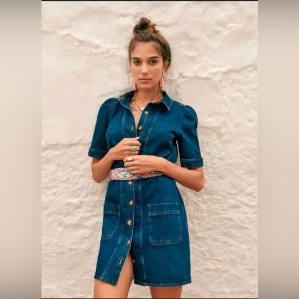 Sezane Dark Denim Button-Front Mini Dress